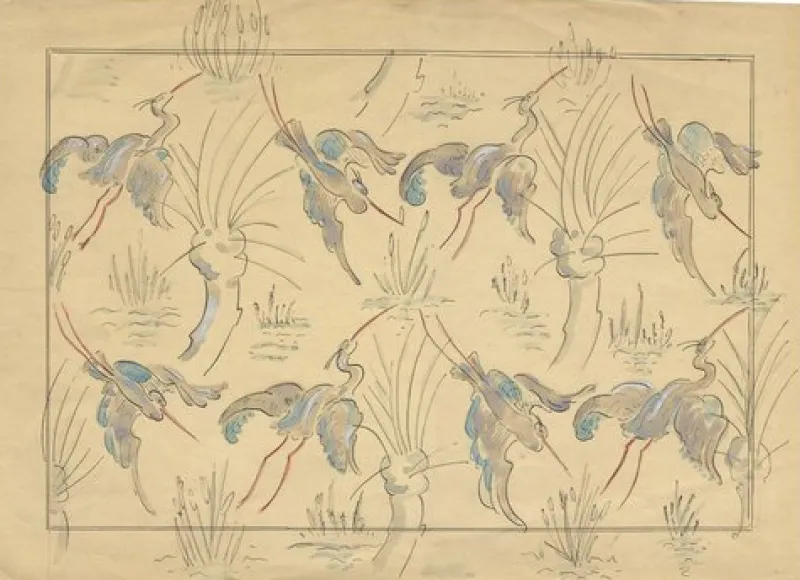 Pamono Jean Mary Ogilvie, Large Art Deco Stork Pattern, 1930s, Gouache> Art Deco