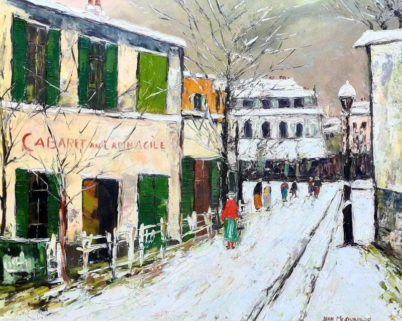 Pamono Jean Mesturini after Maurice Utrillo, Paris, Montmartre in the Snow, Cabaret au Lapin Agile, 1970, Oil on Board> Impressionist|Painting
