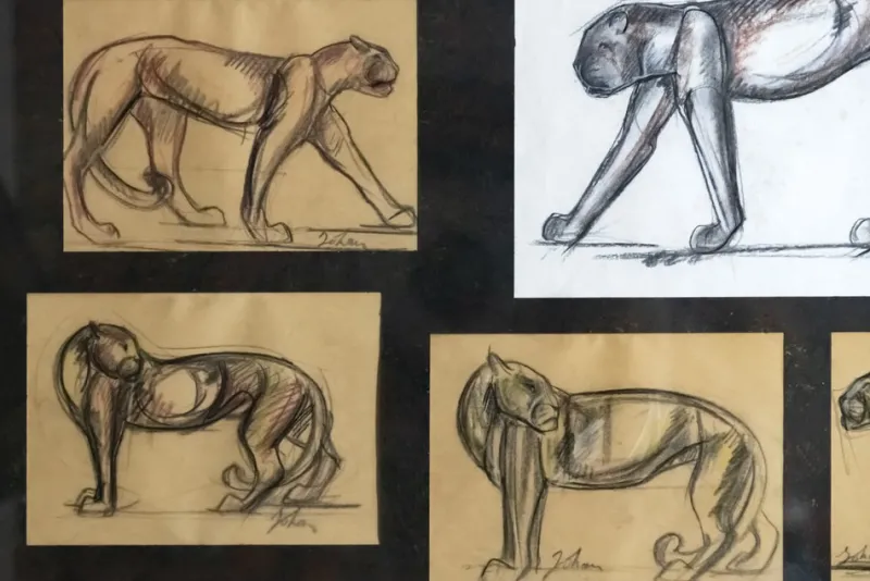 Pamono Johan Etiennette, Panther, Pastel Sketches on Paper, Framed> Mid-Century