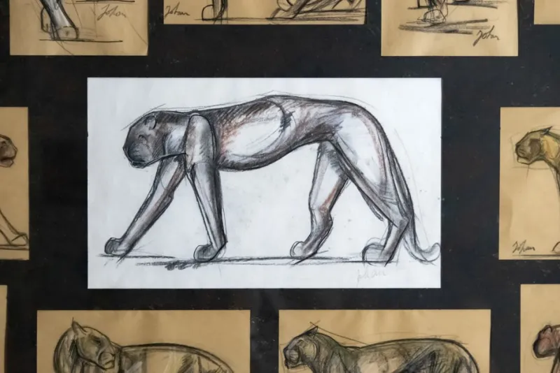 Pamono Johan Etiennette, Panther, Pastel Sketches on Paper, Framed> Mid-Century