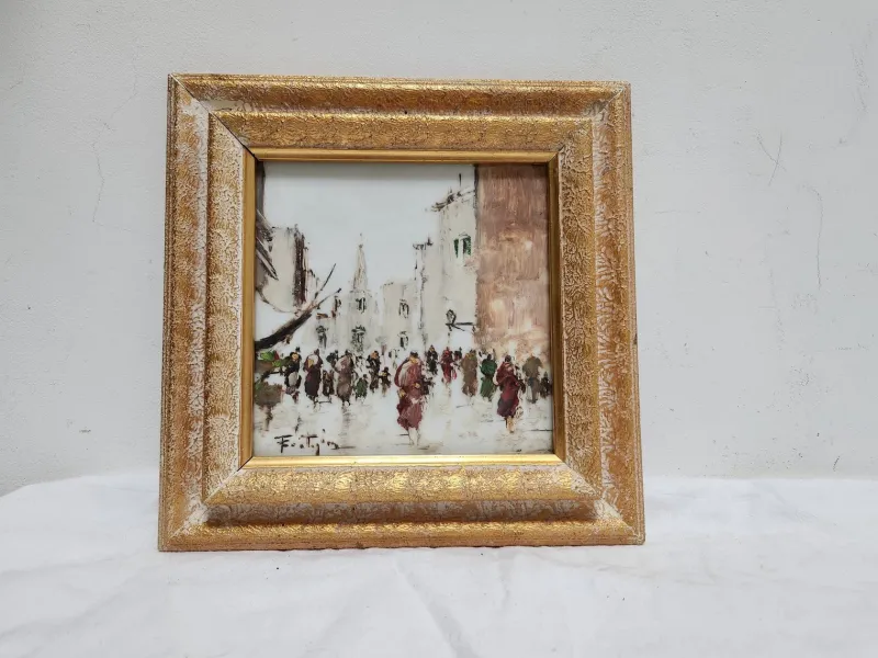 Pamono John Nighland, Italian Street Scene, 1950s, Oil on Ceramic, Framed> Mid-Century