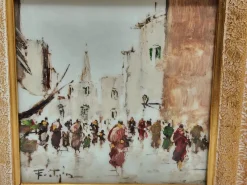 Pamono John Nighland, Italian Street Scene, 1950s, Oil on Ceramic, Framed><noscript><img width=