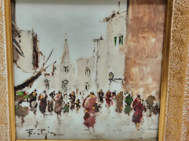 Pamono John Nighland, Italian Street Scene, 1950s, Oil on Ceramic, Framed> Mid-Century
