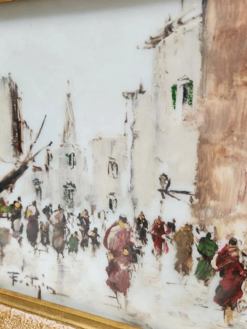 Pamono John Nighland, Italian Street Scene, 1950s, Oil on Ceramic, Framed> Mid-Century