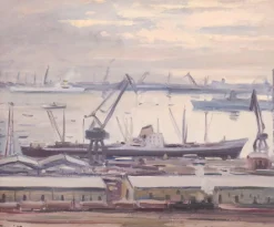 Sale Pamono Jose Pomes Abella, Barcelona Port, 1975, Oil on Canvas, Framed