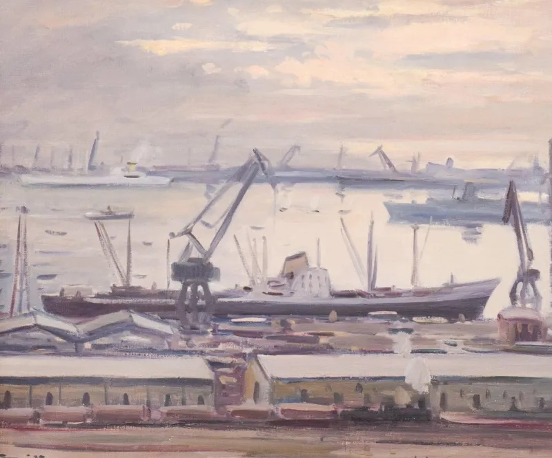 Sale Pamono Jose Pomes Abella, Barcelona Port, 1975, Oil on Canvas, Framed