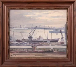 Sale Pamono Jose Pomes Abella, Barcelona Port, 1975, Oil on Canvas, Framed