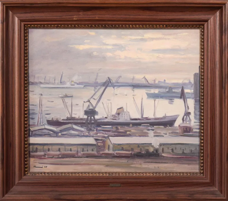 Sale Pamono Jose Pomes Abella, Barcelona Port, 1975, Oil on Canvas, Framed