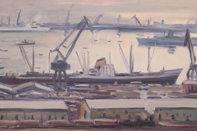 Sale Pamono Jose Pomes Abella, Barcelona Port, 1975, Oil on Canvas, Framed