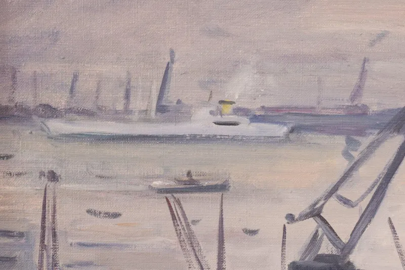 Sale Pamono Jose Pomes Abella, Barcelona Port, 1975, Oil on Canvas, Framed