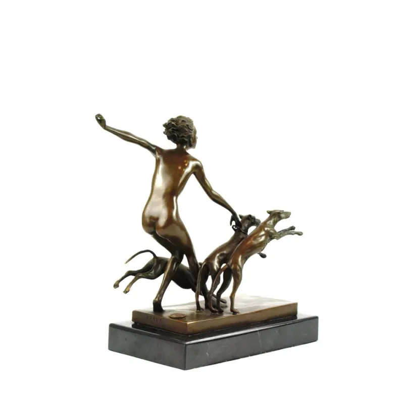 Best Pamono Josef Lorenzl, Art Deco Female Nude with Dogs, 1920s, Bronze on Marble Base