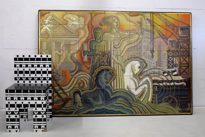 Pamono Joseph Roelants, Tile with Allegorical Representation of Architecture and Sculptural Art, 1948, Ceramic> Mid-Century