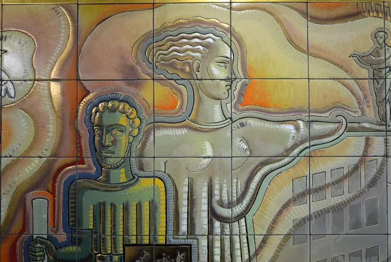Pamono Joseph Roelants, Tile with Allegorical Representation of Architecture and Sculptural Art, 1948, Ceramic> Mid-Century