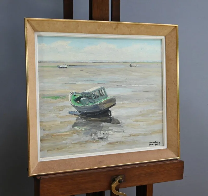 Pamono J-P. Guinegault, Boat at Low Tide, 20th Century, Oil on Canvas, Framed> Painting