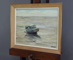 Pamono J-P. Guinegault, Boat at Low Tide, 20th Century, Oil on Canvas, Framed><noscript><img width=