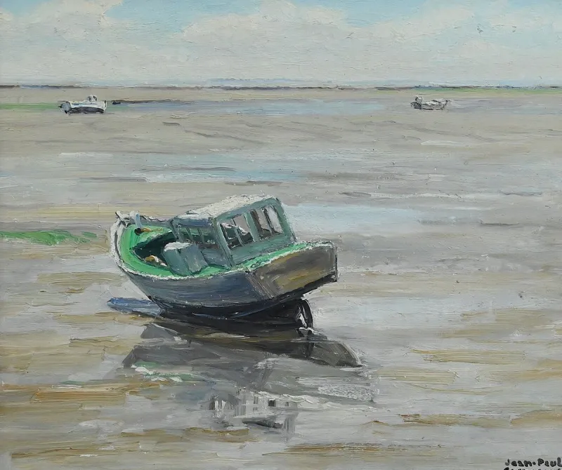 Pamono J-P. Guinegault, Boat at Low Tide, 20th Century, Oil on Canvas, Framed> Painting