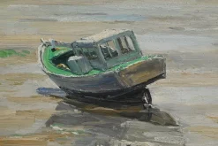 Pamono J-P. Guinegault, Boat at Low Tide, 20th Century, Oil on Canvas, Framed><noscript><img width=