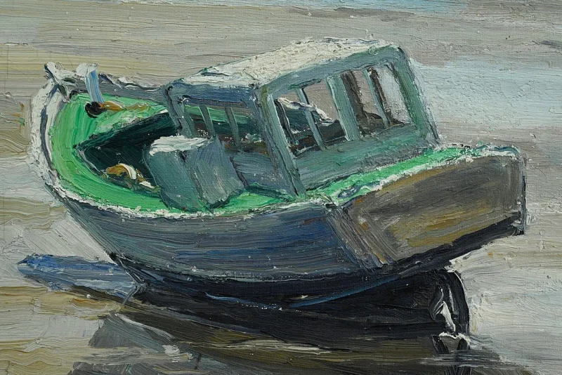 Pamono J-P. Guinegault, Boat at Low Tide, 20th Century, Oil on Canvas, Framed> Painting