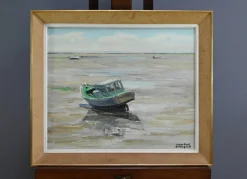 Pamono J-P. Guinegault, Boat at Low Tide, 20th Century, Oil on Canvas, Framed><noscript><img width=