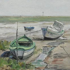 Pamono J-P. Guinegault, Boats at Low Tide, 20th Century, Oil on Canvas, Framed> Painting