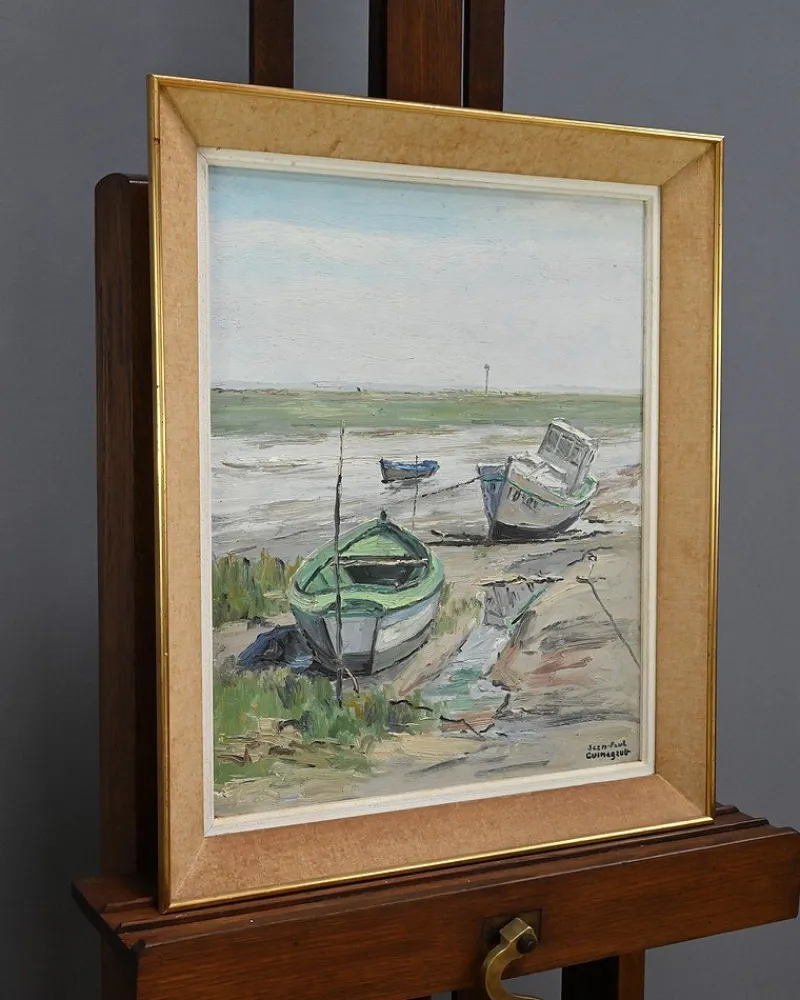 Pamono J-P. Guinegault, Boats at Low Tide, 20th Century, Oil on Canvas, Framed> Painting