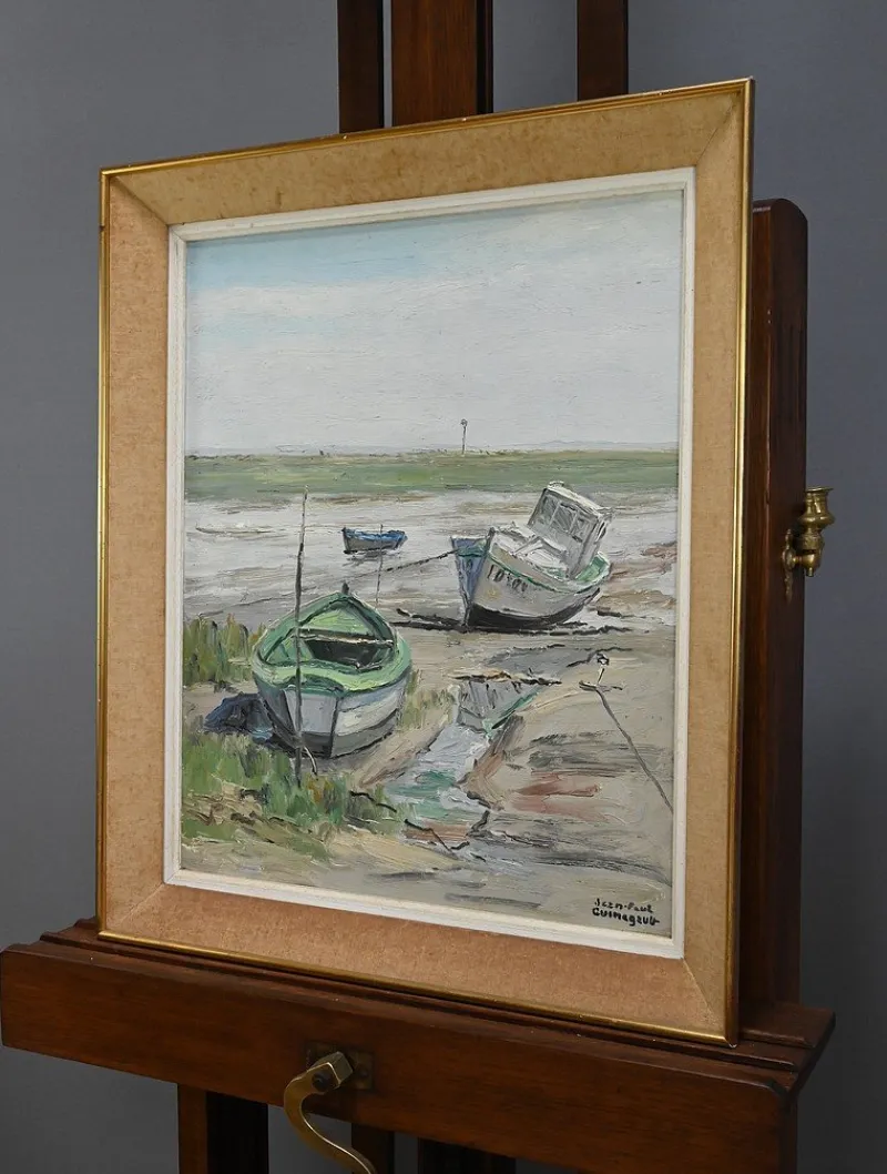 Pamono J-P. Guinegault, Boats at Low Tide, 20th Century, Oil on Canvas, Framed> Painting