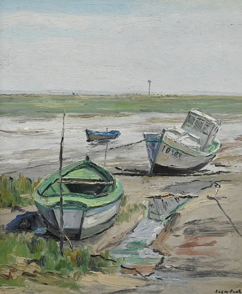 Pamono J-P. Guinegault, Boats at Low Tide, 20th Century, Oil on Canvas, Framed> Painting