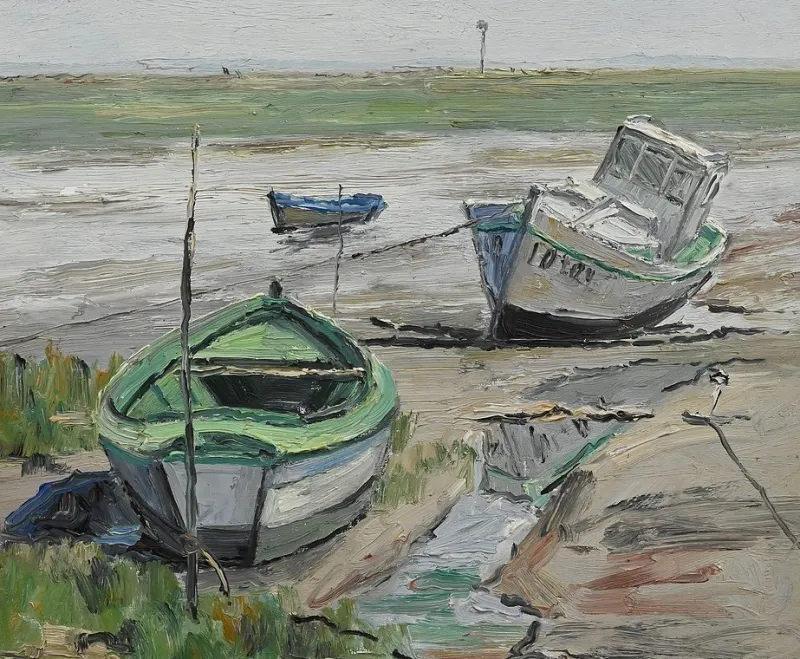 Pamono J-P. Guinegault, Boats at Low Tide, 20th Century, Oil on Canvas, Framed> Painting