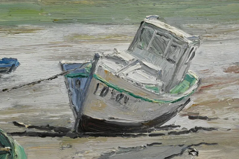 Pamono J-P. Guinegault, Boats at Low Tide, 20th Century, Oil on Canvas, Framed> Painting