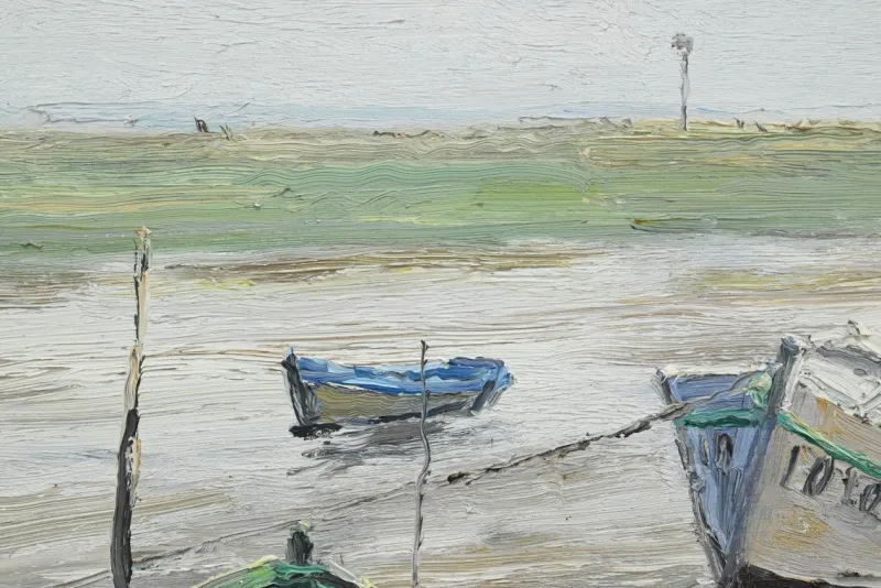 Pamono J-P. Guinegault, Boats at Low Tide, 20th Century, Oil on Canvas, Framed> Painting