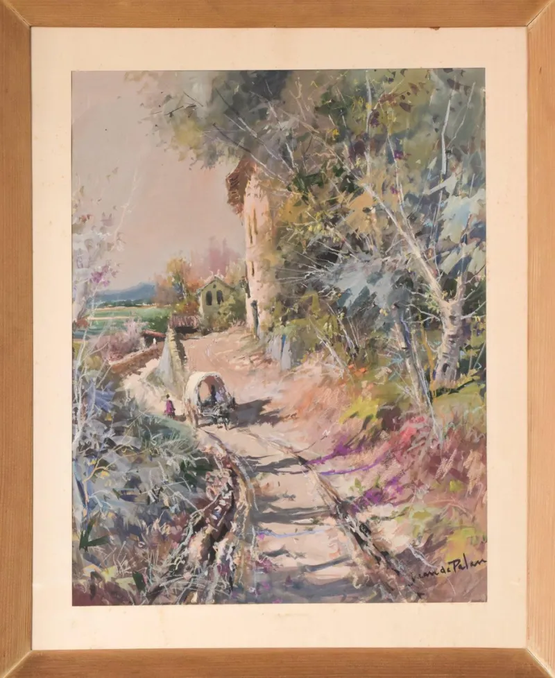 Outlet Pamono Juan de Palau Buixo, Large Landscape with Cart, 20th-Century, Watercolor on Paper, Framed