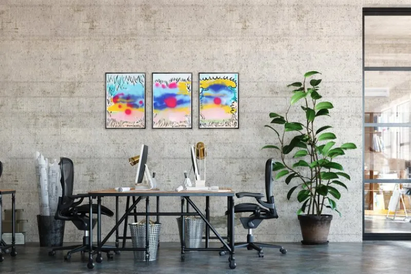 Pamono Juanjo Sáez, Bubbles Between Clouds Triptych, 2025, Mixed Media on Paper> Work On Paper