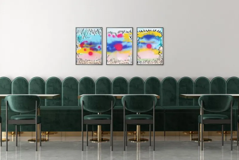 Pamono Juanjo Sáez, Bubbles Between Clouds Triptych, 2025, Mixed Media on Paper> Work On Paper