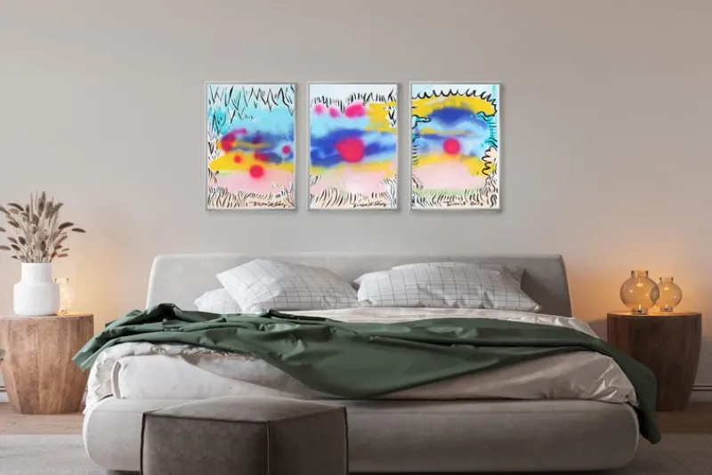 Pamono Juanjo Sáez, Bubbles Between Clouds Triptych, 2025, Mixed Media on Paper> Work On Paper