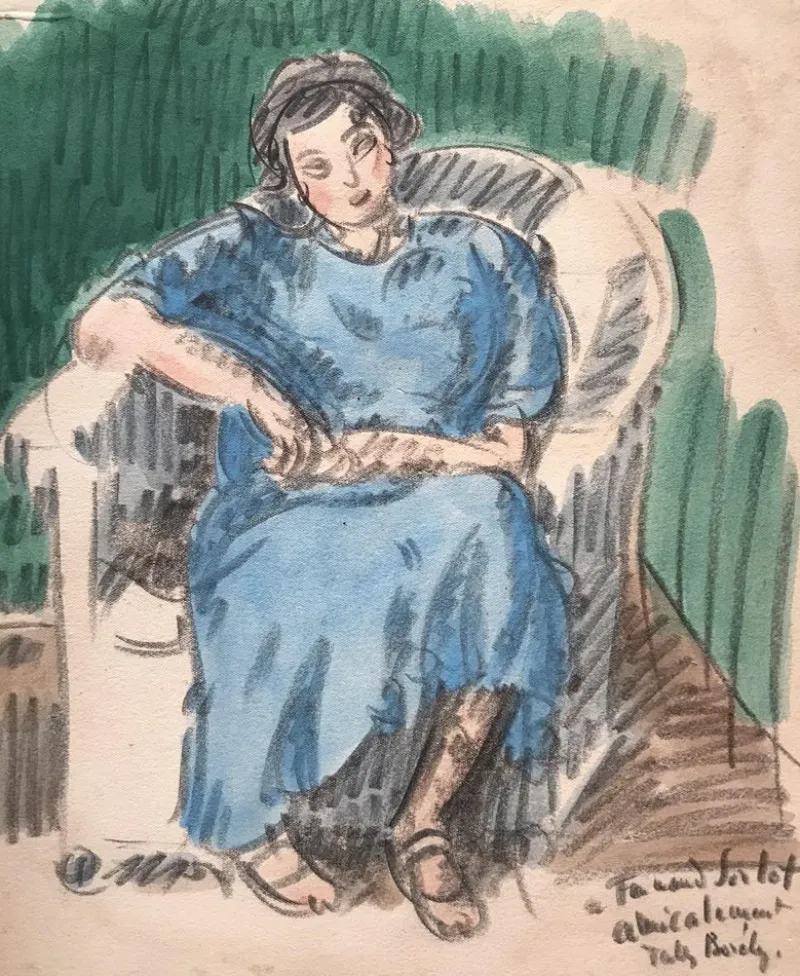 New Pamono Jules Borély, Seated Woman, Watercolor and Charcoal