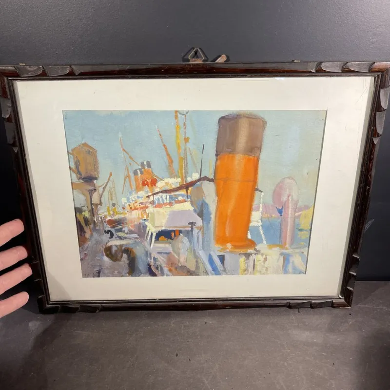 Clearance Pamono Jules Van De Leene, Marine Liner at Dock, 1920s, Gouache