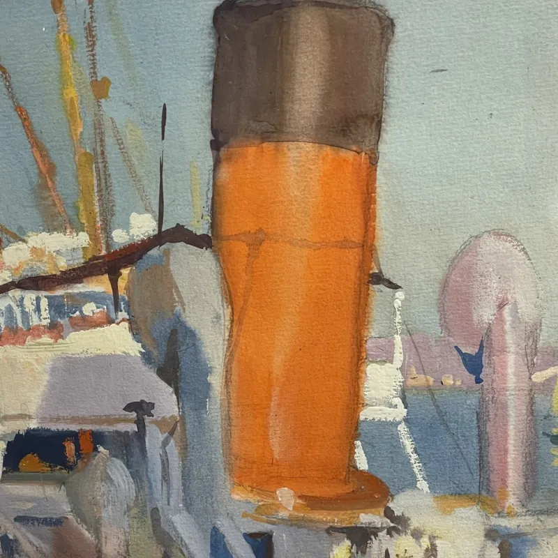 Clearance Pamono Jules Van De Leene, Marine Liner at Dock, 1920s, Gouache