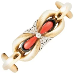 Outlet Pamono 18k Yellow Gold Bracelet with Handcrafted Coral and Onyx and Diamonds