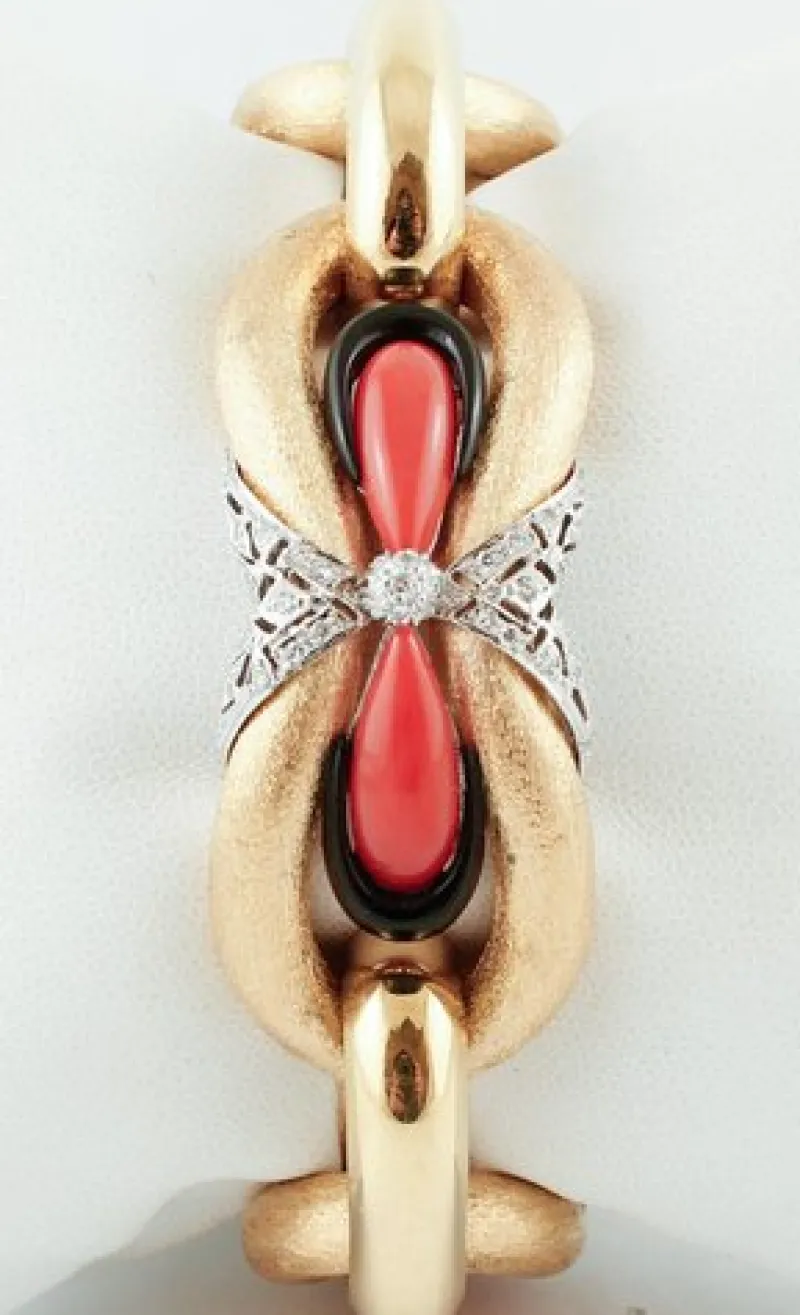 Outlet Pamono 18k Yellow Gold Bracelet with Handcrafted Coral and Onyx and Diamonds