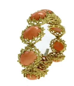Pamono 18k Yellow Gold Clamper Bracelet with Oval Shape Orange Corals><noscript><img width=