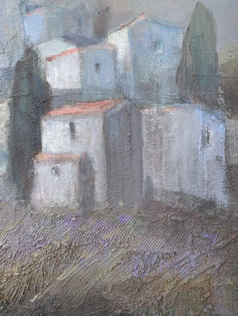 New Pamono Katarzyna Zwolinska, Town in the Fog, Mixed Media Painting, 2019