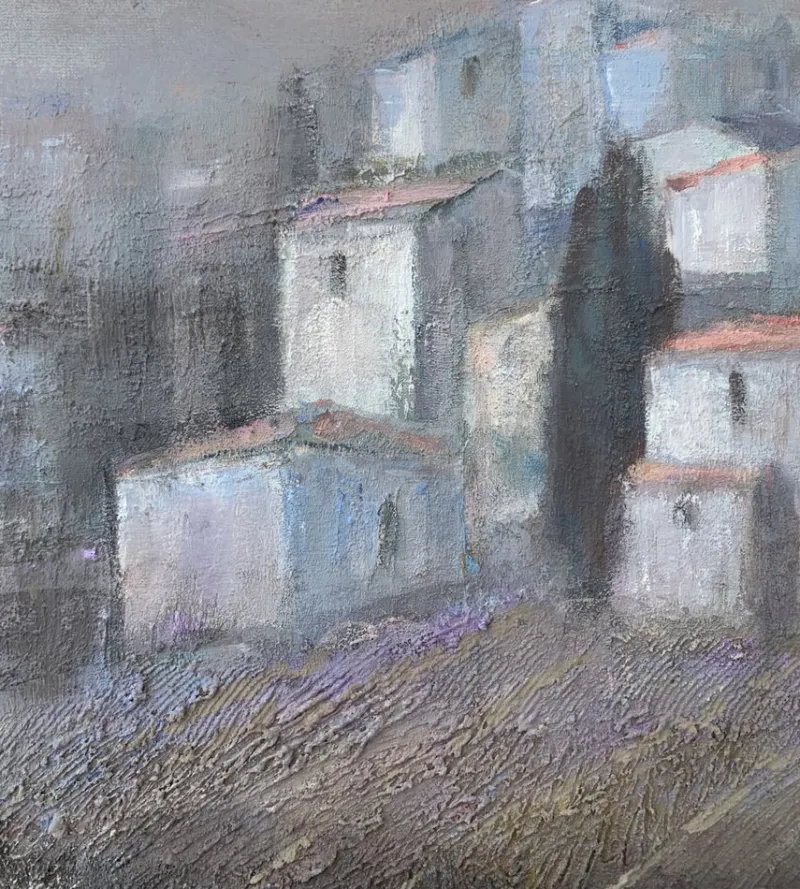 New Pamono Katarzyna Zwolinska, Town in the Fog, Mixed Media Painting, 2019