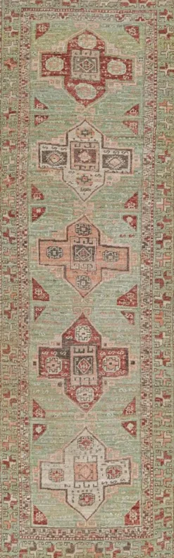 Pamono Kazak Style Runner Rug in Green with Geometric Medallions from R&K Principal Jahanshah Nazmiyal> Carpets & Textiles|Carpets & Textiles
