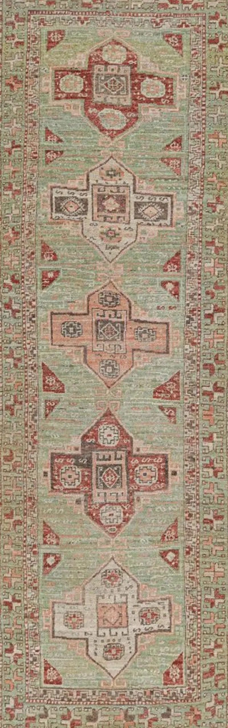 Pamono Kazak Style Runner Rug in Green with Geometric Medallions from R&K Principal Jahanshah Nazmiyal> Carpets & Textiles|Carpets & Textiles