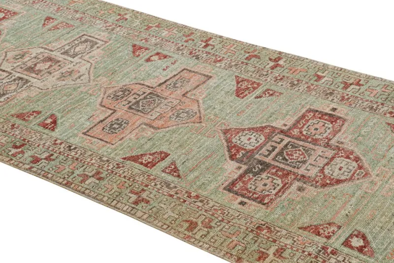 Pamono Kazak Style Runner Rug in Green with Geometric Medallions from R&K Principal Jahanshah Nazmiyal> Carpets & Textiles|Carpets & Textiles