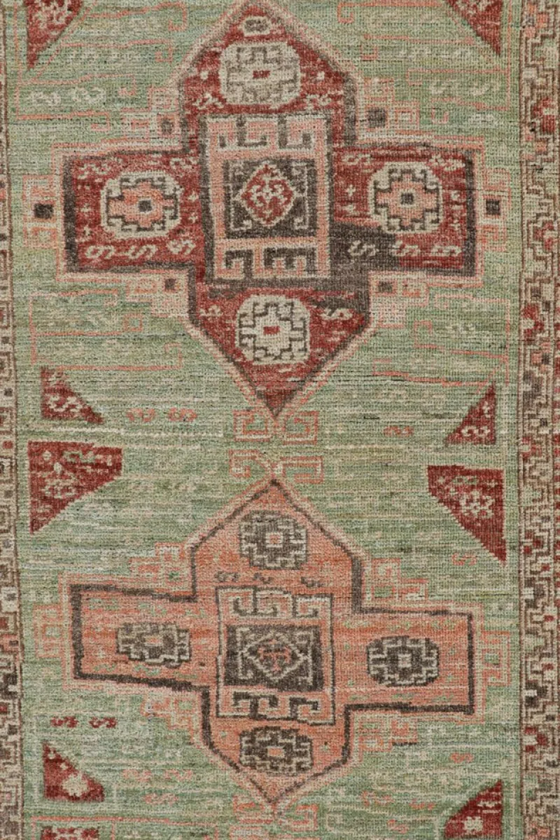 Pamono Kazak Style Runner Rug in Green with Geometric Medallions from R&K Principal Jahanshah Nazmiyal> Carpets & Textiles|Carpets & Textiles