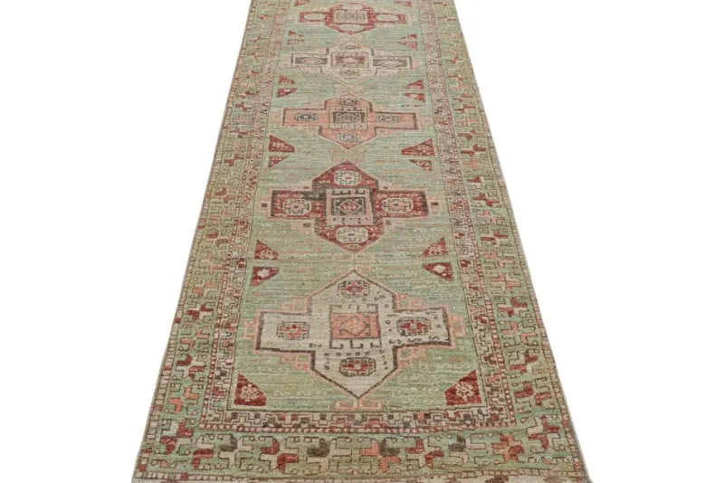 Pamono Kazak Style Runner Rug in Green with Geometric Medallions from R&K Principal Jahanshah Nazmiyal> Carpets & Textiles|Carpets & Textiles
