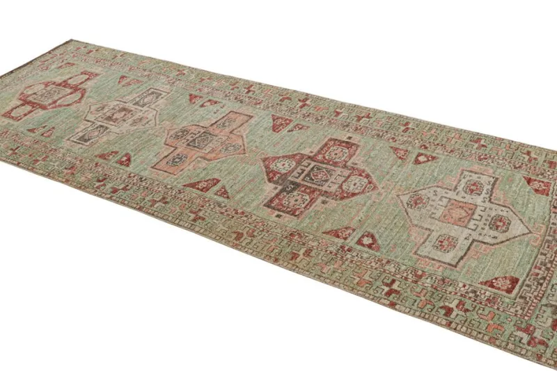 Pamono Kazak Style Runner Rug in Green with Geometric Medallions from R&K Principal Jahanshah Nazmiyal> Carpets & Textiles|Carpets & Textiles