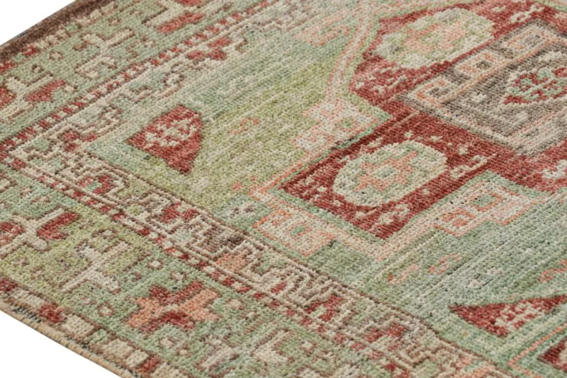 Pamono Kazak Style Runner Rug in Green with Geometric Medallions from R&K Principal Jahanshah Nazmiyal> Carpets & Textiles|Carpets & Textiles