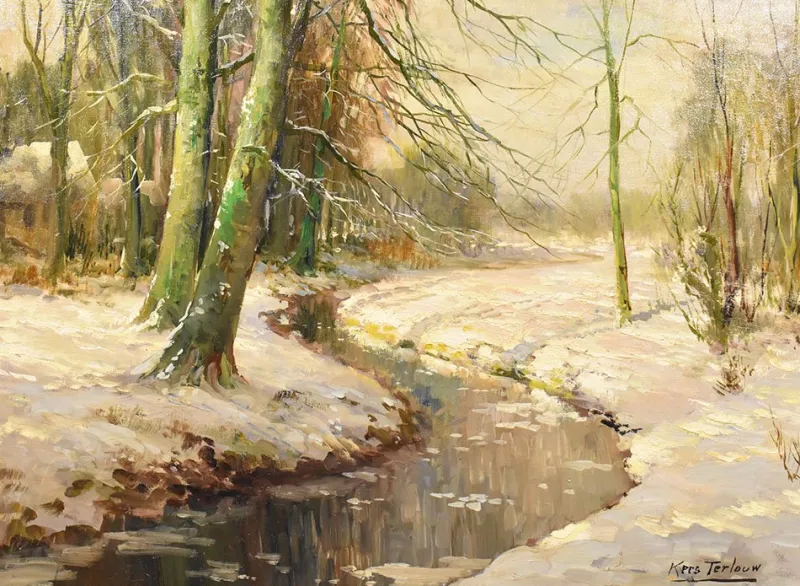 Discount Pamono Kees Terlouw, Landscape Under Woods with Snow, 1920s, Oil on Canvas, Framed